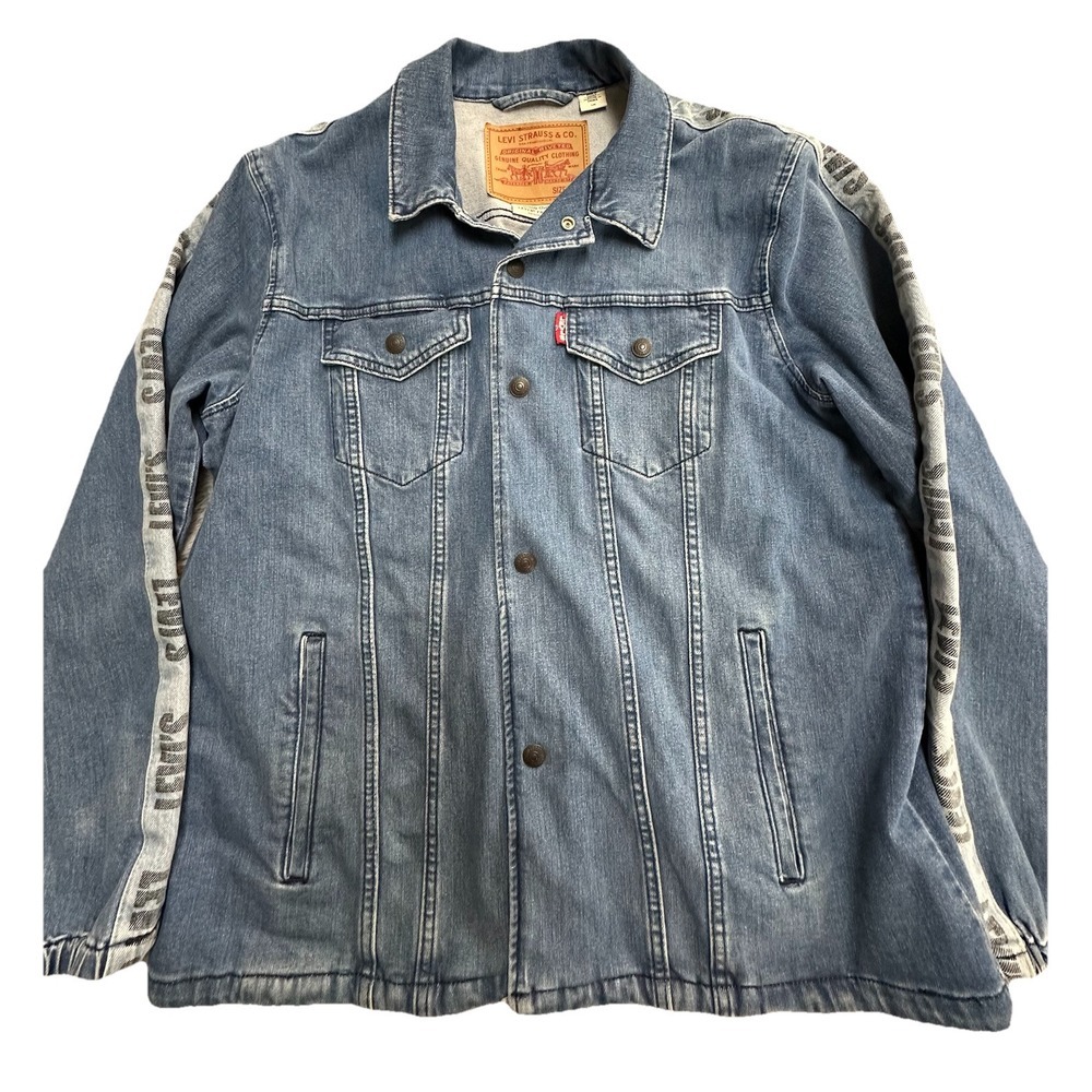 Levi's Premium Denim Jacket Mens L Blue Logo Tape Trucker Snap Button Streetwear